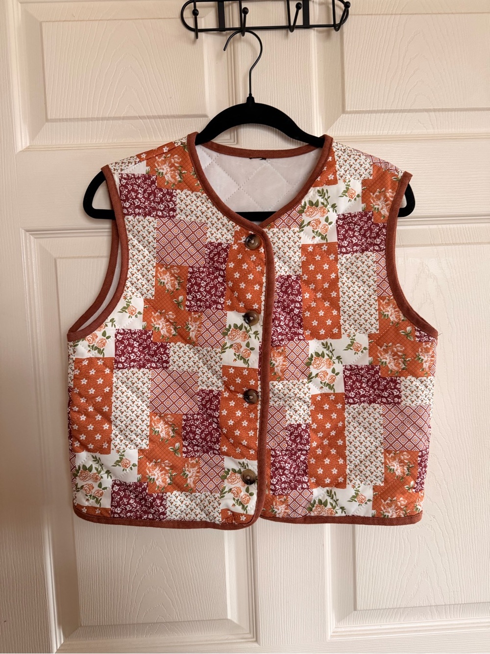 Patchwork Quilted Button-Front Vest in Rust & Burgundy